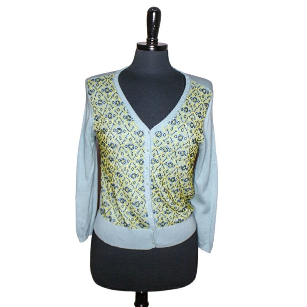 DKNY Cardigan Sweater Beaded Cotton Lightweight Green Yellow Blue M